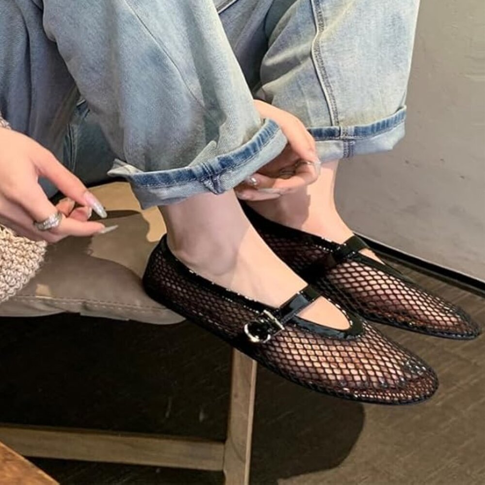 🩰 RAGEFIVE Women's Mesh Ballet Flats – Black Mesh & Patent – Size 8